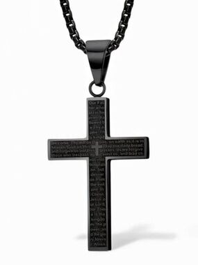 Black Titanium Stainless Steel Cross Pendant Necklace -Our Father Prayer NWT